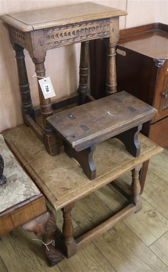 An oak coffee table, joynt stool, foot stool and a gout stool, Largest W.53cm